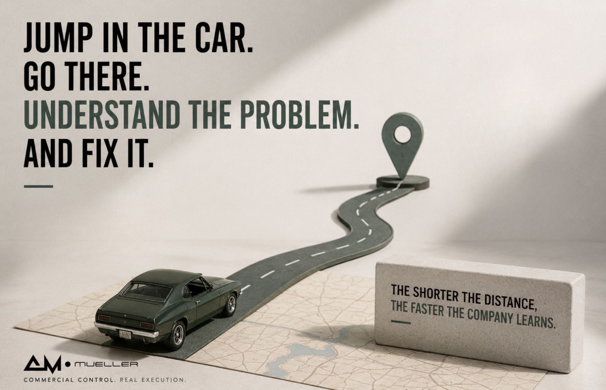 A road leading from a car to a destination, illustrating the distance between a customer problem and the people who can solve it